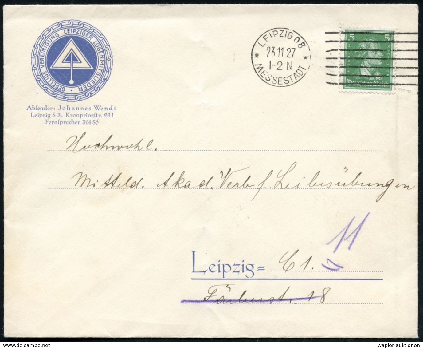 LOGE / FREIMAURER : LEIPZIG 08/ *MESSESTADT* 1927 (23.11.) MaWSt + 7 Striche Rechts Auf Blauem Logem.-Bf.: GESELLIGE VER - Freemasonry