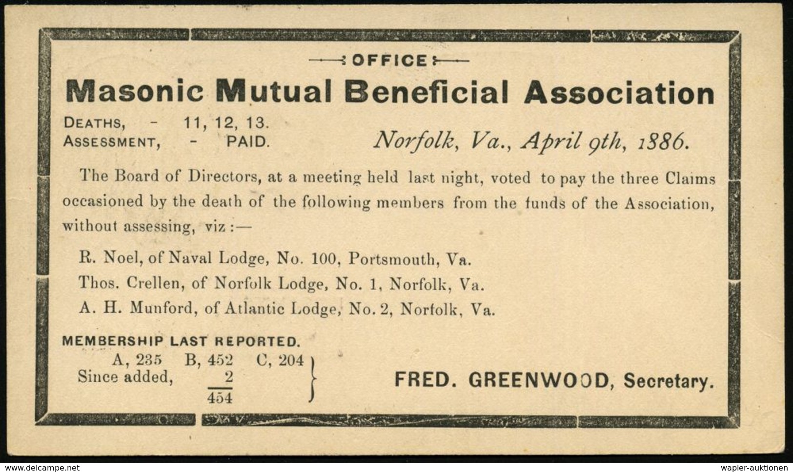 LOGE / FREIMAURER : U.S.A. 1886 (10.4.) PP 1 C. Washington, Braun: "Masonic Mutual Benefit Assoc.", Norfolk, Va. (= Frei - Franc-Maçonnerie