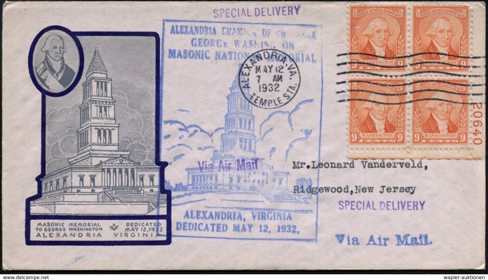 LOGE / FREIMAURER : U.S.A. 1932 (12.5.) Blauer HdN.: ALEXANDRIA../GEORGE WASHINGTON/MASONIC NAT.MEMORIAL + MaWellenSt: A - Massoneria