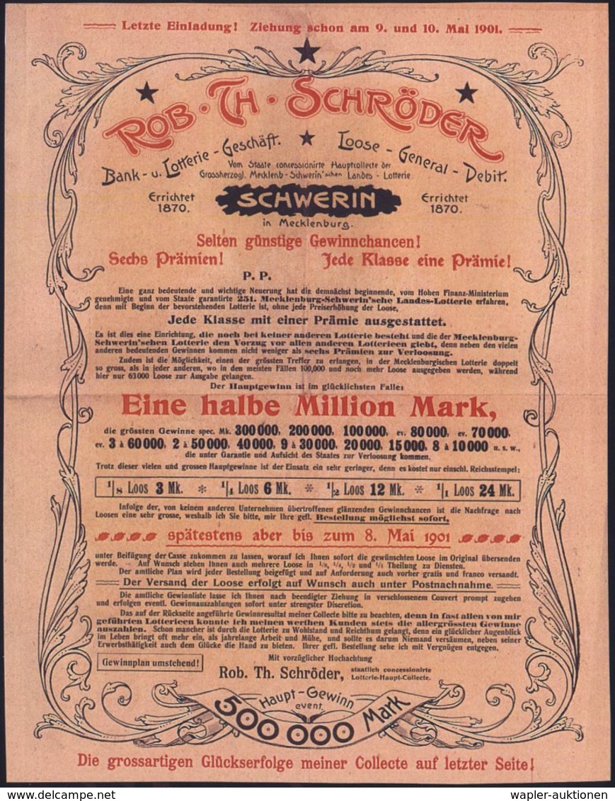 LOTTERIE / GLÜCKSPIEL / SPIELBANK : Schwerin 1901 (Mai) 3 Pf. Germania Auf Inl.-Drs. Mit Interess. U. Dekorativem Inhalt - Unclassified