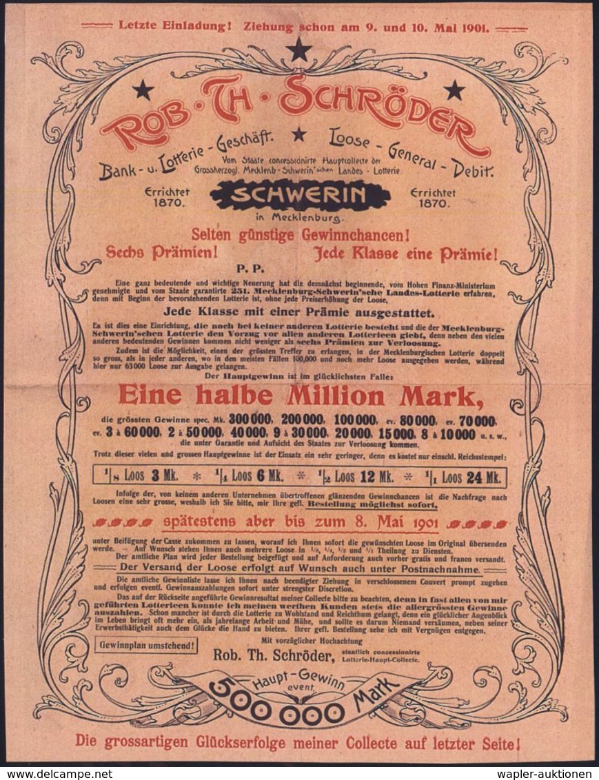 LOTTERIE / GLÜCKSPIEL / SPIELBANK : Schwerin 1901 (Mai) 3 Pf. Germania Auf Inl.-Drs. Mit Interess. U. Dekorativem Inhalt - Non Classés