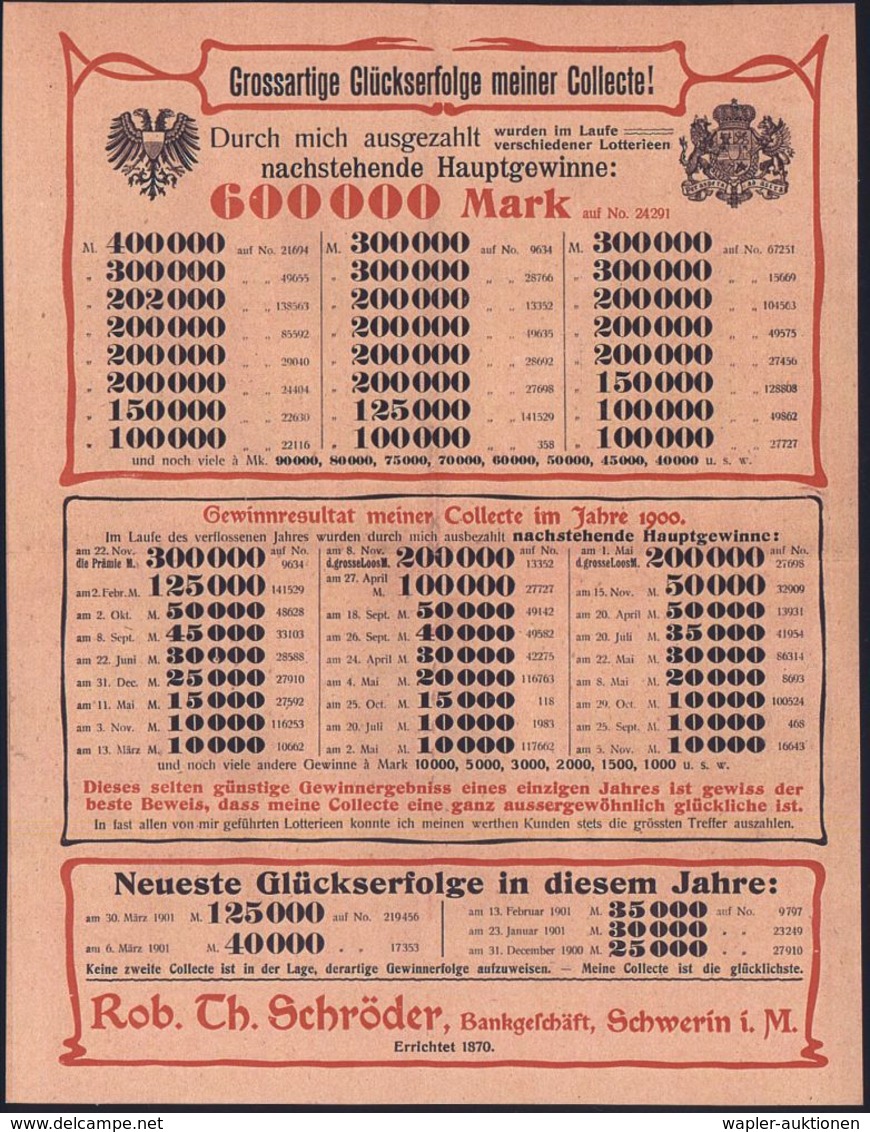 LOTTERIE / GLÜCKSPIEL / SPIELBANK : Schwerin 1901 (Mai) 3 Pf. Germania Auf Inl.-Drs. Mit Interess. U. Dekorativem Inhalt - Unclassified