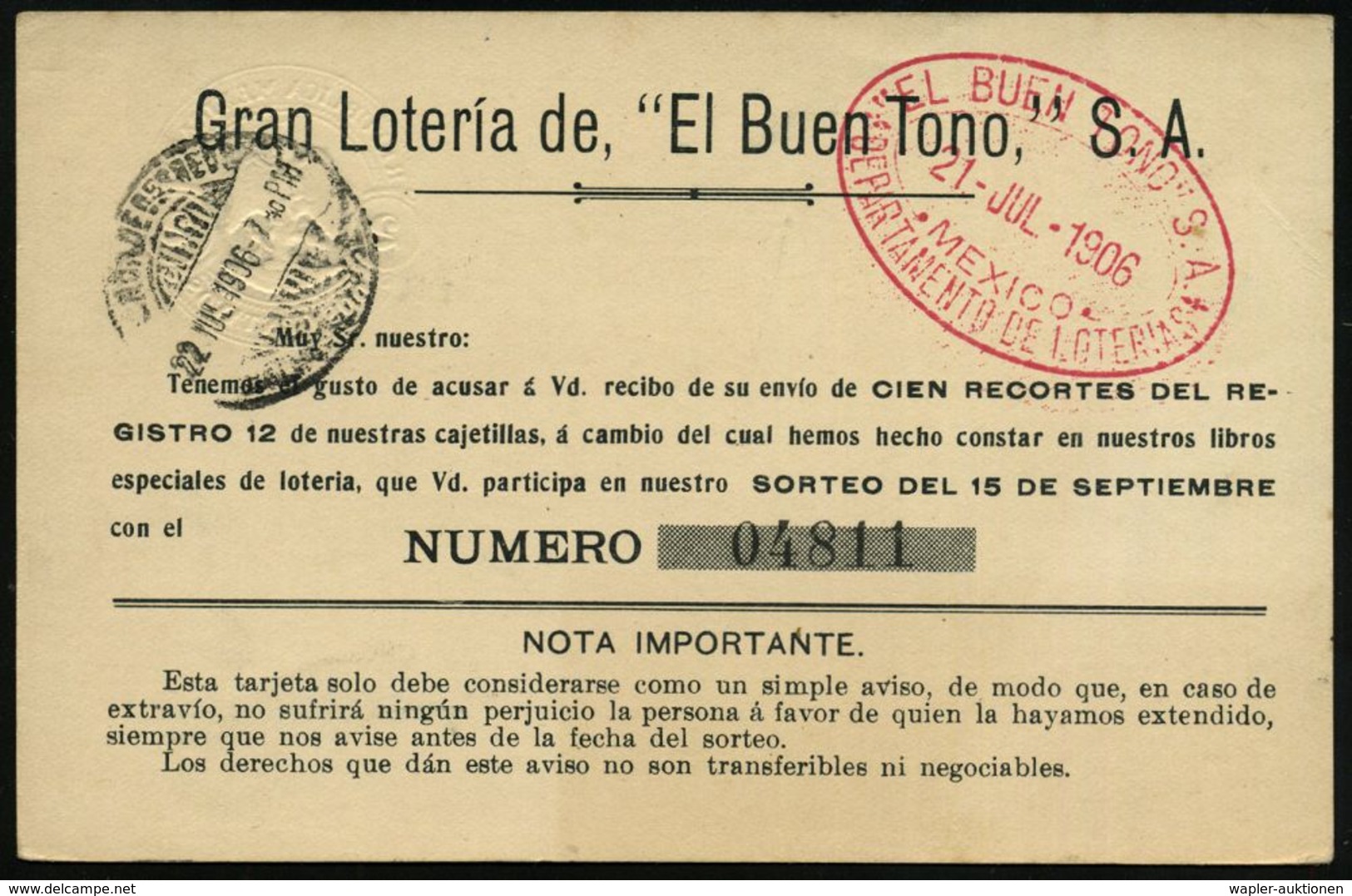 LOTTERIE / GLÜCKSPIEL / SPIELBANK : MEXICO 1906 (21.7.) Amtl. P C. Staatswappen, Grün + Rs. Reklame-Zudruck: Gran Loteri - Ohne Zuordnung