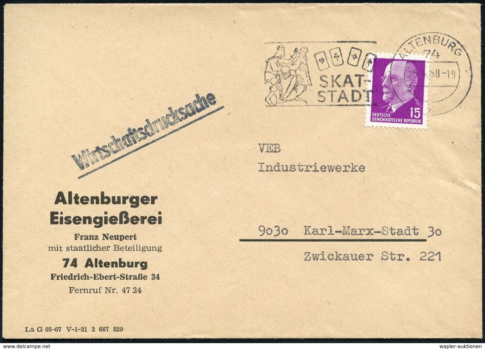 SPIELKARTEN / KARTENSPIELE : 74 ALTENBURG/ K/ SKAT-/ STADT 1968 (5.4.) MWSt (Skatdenkmal, 4 Französ. Asse) Firmen-Bf. (B - Ohne Zuordnung