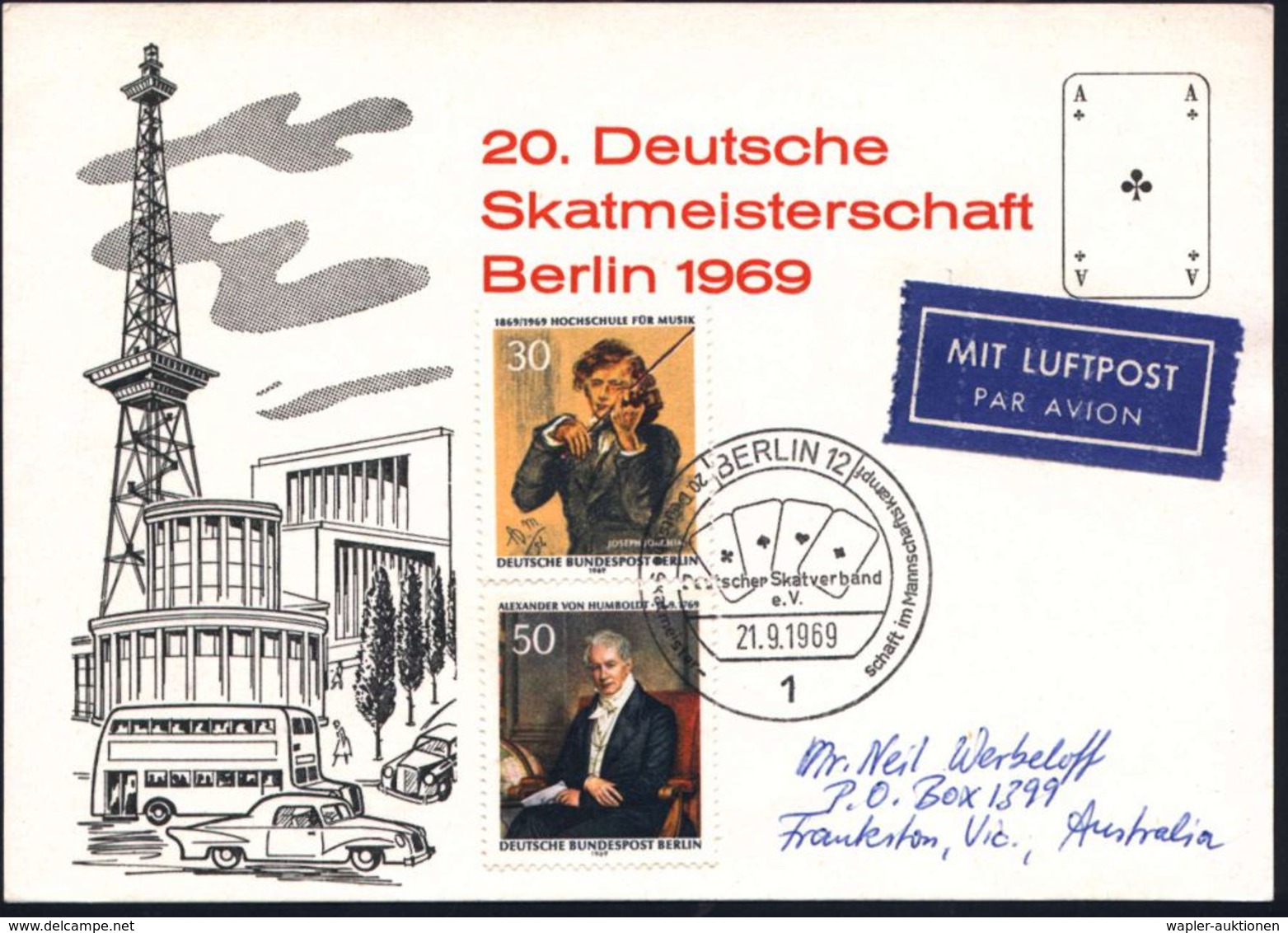 SPIELKARTEN / KARTENSPIELE : 1 BERLIN 12/ Dt.Skatverband../ 20.Dt.Skatmeisterschaft.. 1969 (21.9.) SSt = 4 Asse , Klar G - Unclassified