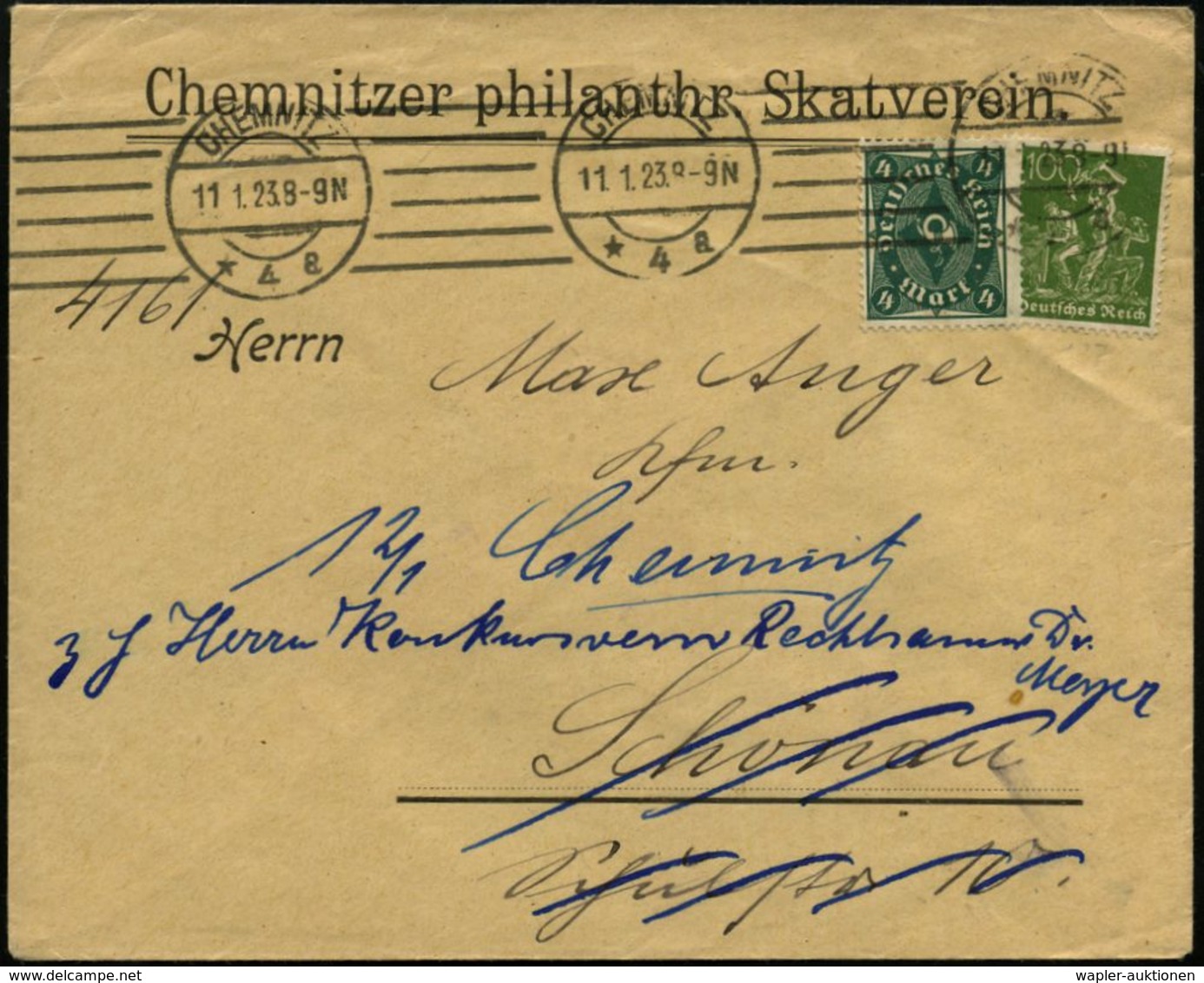 SPIELKARTEN / KARTENSPIELE : CHEMNITZ/ *4a 1923 (11.1.) BdMSt Auf Vordruck-Bf: Chemnitzer Philanthr. Skatverein, , Nachg - Ohne Zuordnung
