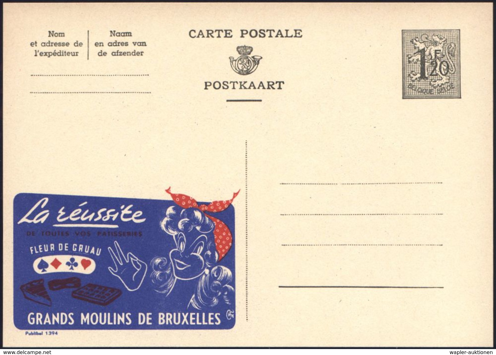 SPIELKARTEN / KARTENSPIELE : BELGIEN 1954 1,20 F. Reklame-P. Wappenlöwe, Oliv: La Réussite..GRANDS MOULINS DE BRUXELLES  - Non Classificati