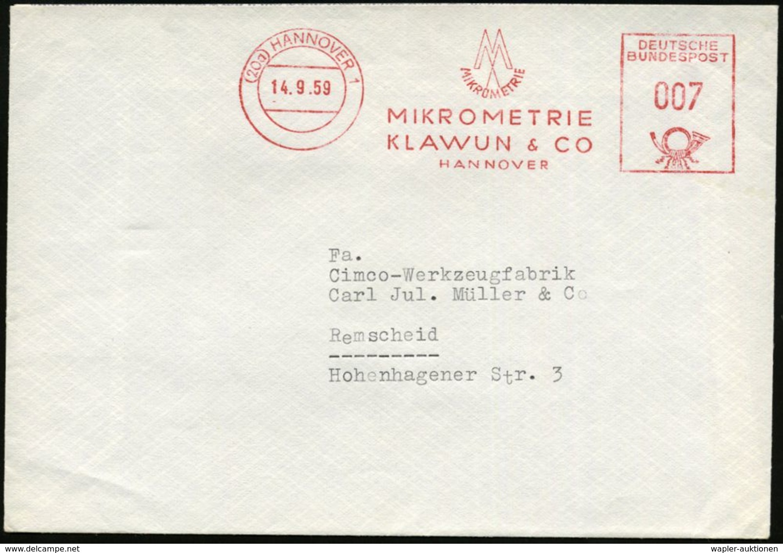 MATHEMATIK / RECHNEN / ZAHLEN / GEOMETRIE : (20a) HANNOVER 1/ MIKROMETRIE/ KLAWUN & CO 1959 (14.9.) AFS (Monogramm-Logo) - Unclassified