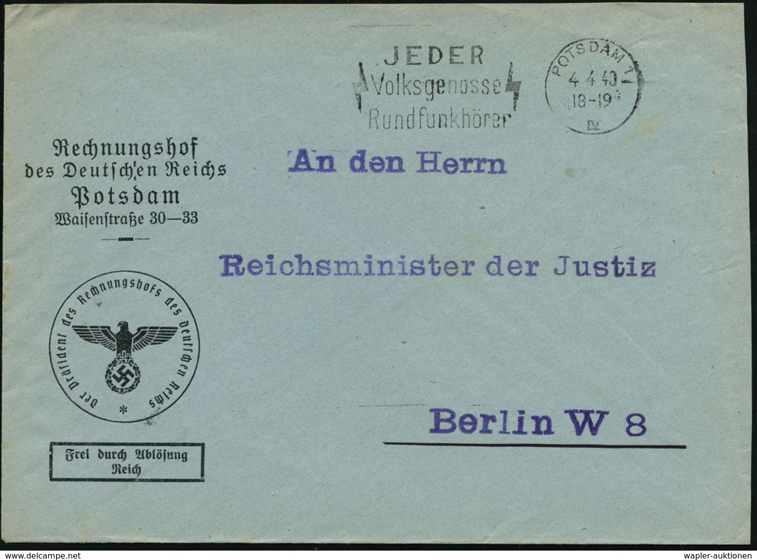 MATHEMATIK / RECHNEN / ZAHLEN / GEOMETRIE : Potsdam 1940 (4.4.) Dienst-Bf.: FdAR/Rechnungshof Des Deutschen Reiches (NS- - Unclassified