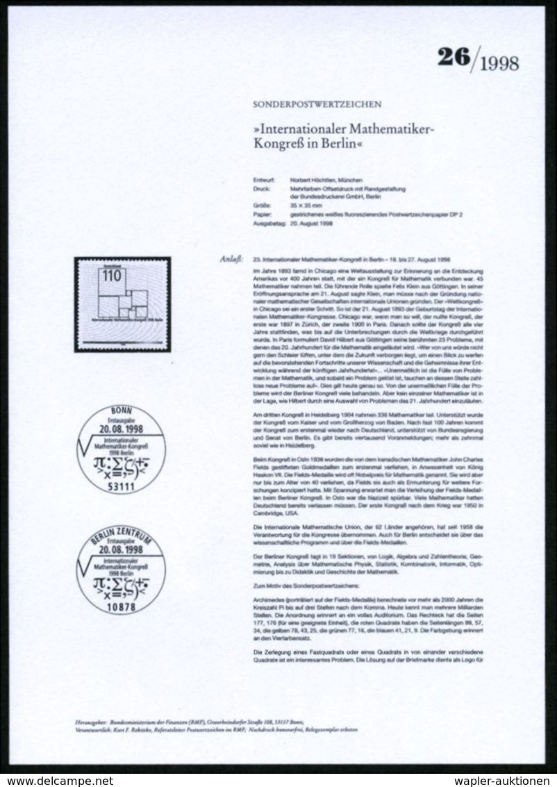 MATHEMATIK / RECHNEN / ZAHLEN / GEOMETRIE : B.R.D. 1998 (Aug.) 110 Pf. "23. Internat. Mathematiker-Kongreß", Berlin Mit  - Ohne Zuordnung