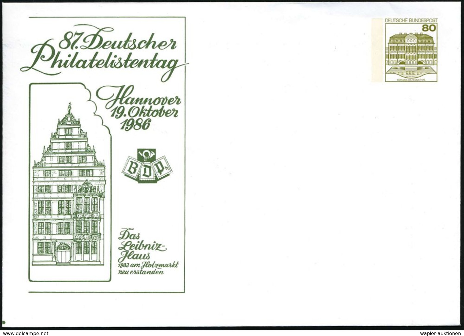 BERÜHMTE MATHEMATIKER : Hannover 1986 (19.10.) PU 80 Pf. Burgen; 87. Deutscher Philatel.Tag/ Das  L E I B N I T Z - Haus - Ohne Zuordnung