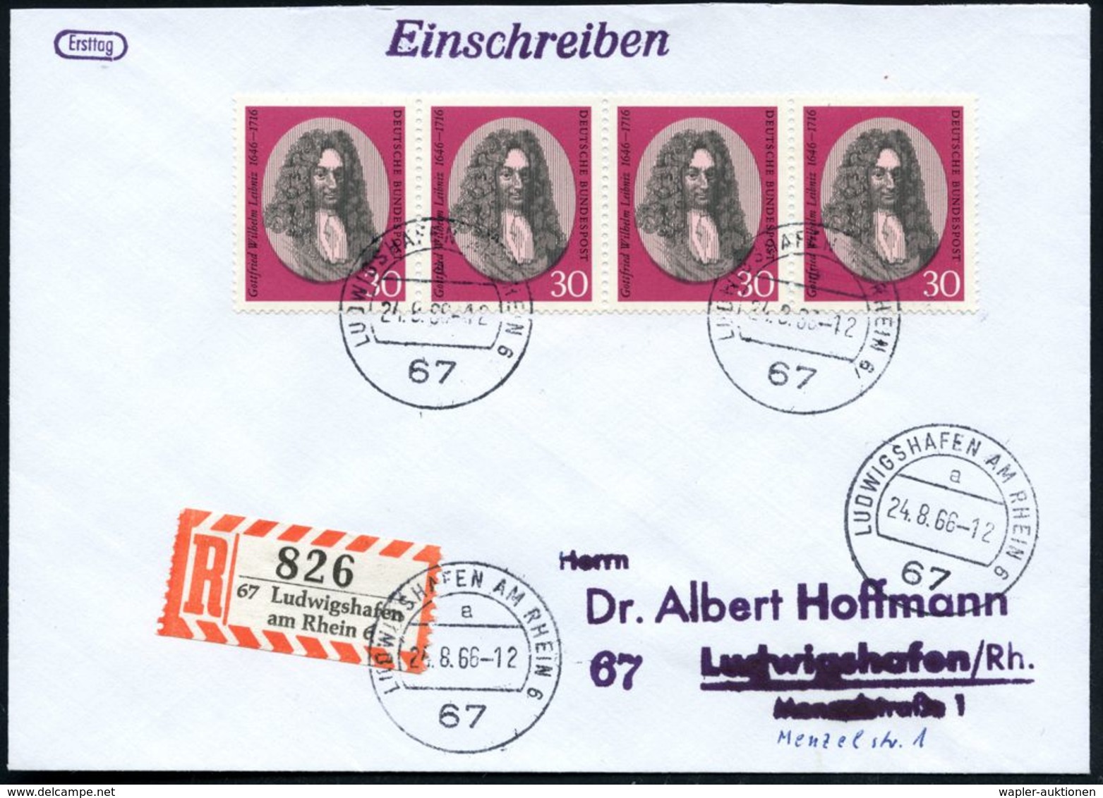 BERÜHMTE MATHEMATIKER : B.R.D. 1966 (24.8.) 30 Pf. "250. Todestag G. W. Leibnitz", Reine MeF: 4er-Streifen , Sauber Gest - Ohne Zuordnung