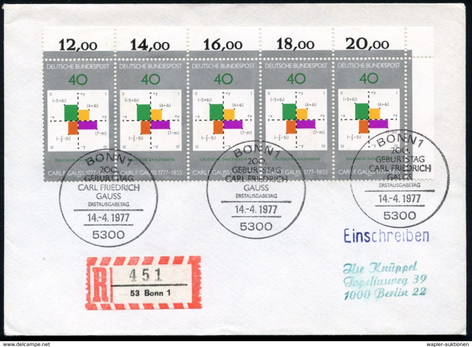 BERÜHMTE MATHEMATIKER : B.R.D. 1977 (14.4.) 40 Pf. "200. Geburtstag C. F. Gauß", Reine MeF: Eck-Rand-5er-Streifen + 3x E - Ohne Zuordnung