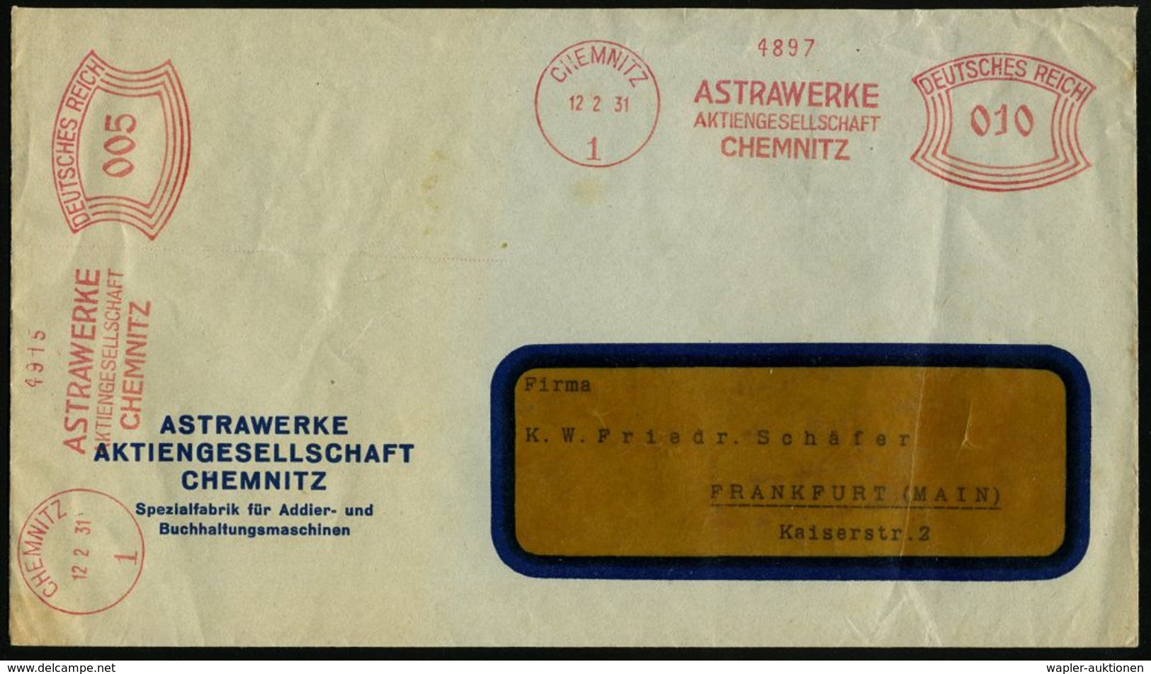 RECHENMASCHINE / EDV / COMPUTER : CHEMNITZ/ 1/ ASTRAWERKE/ AG.. 1931 (12.2.) AFS 010 Pf. + 005 Pf. (2 Abdrucke) Klar Auf - Informatik