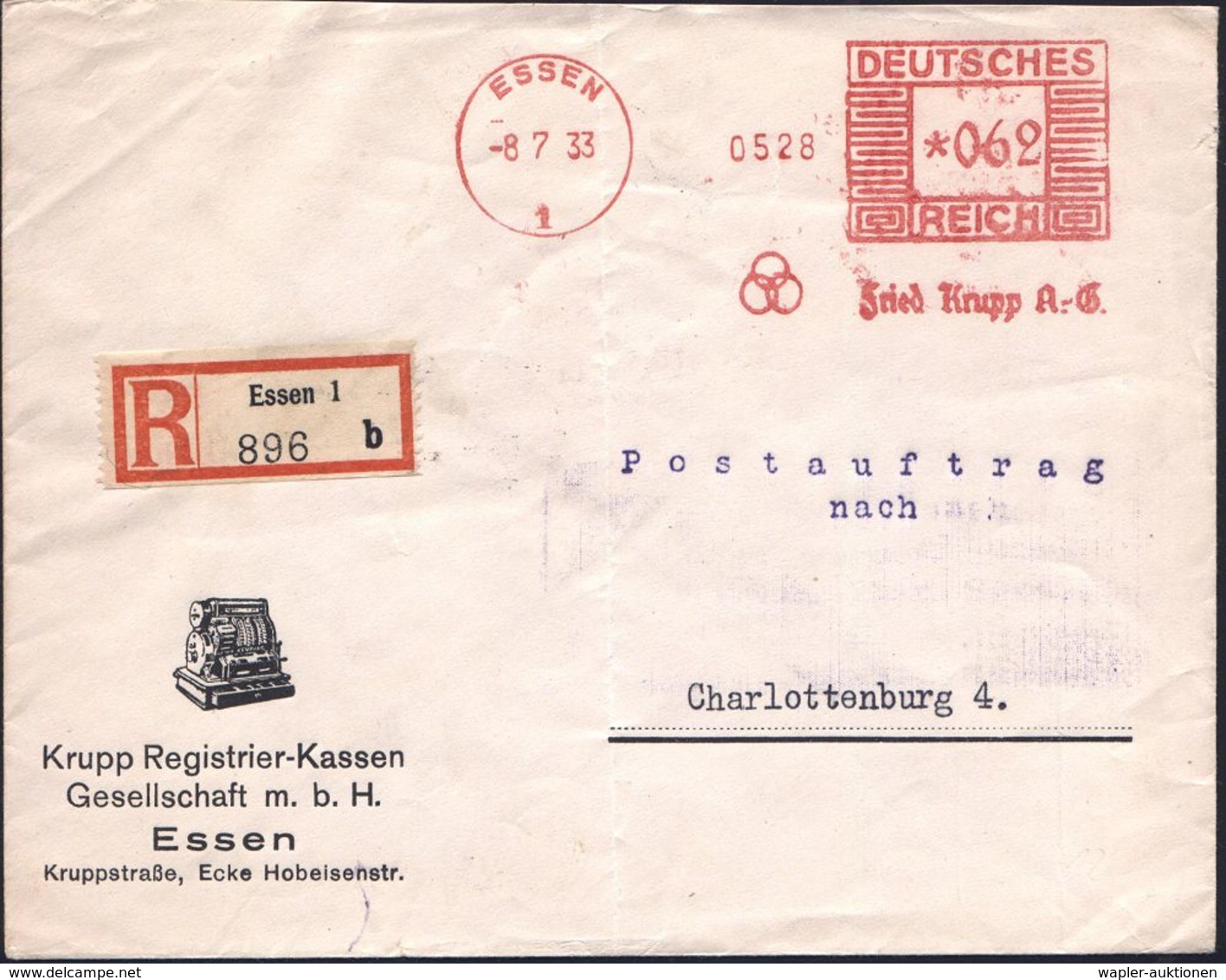RECHENMASCHINE / EDV / COMPUTER : ESSEN/ 1/ Friedr.Krupp A.-G. 1933 (8.7.) AFS 062 Pf. (Krupp-Logo) Auf Reklame-Bf.: Kru - Informatik