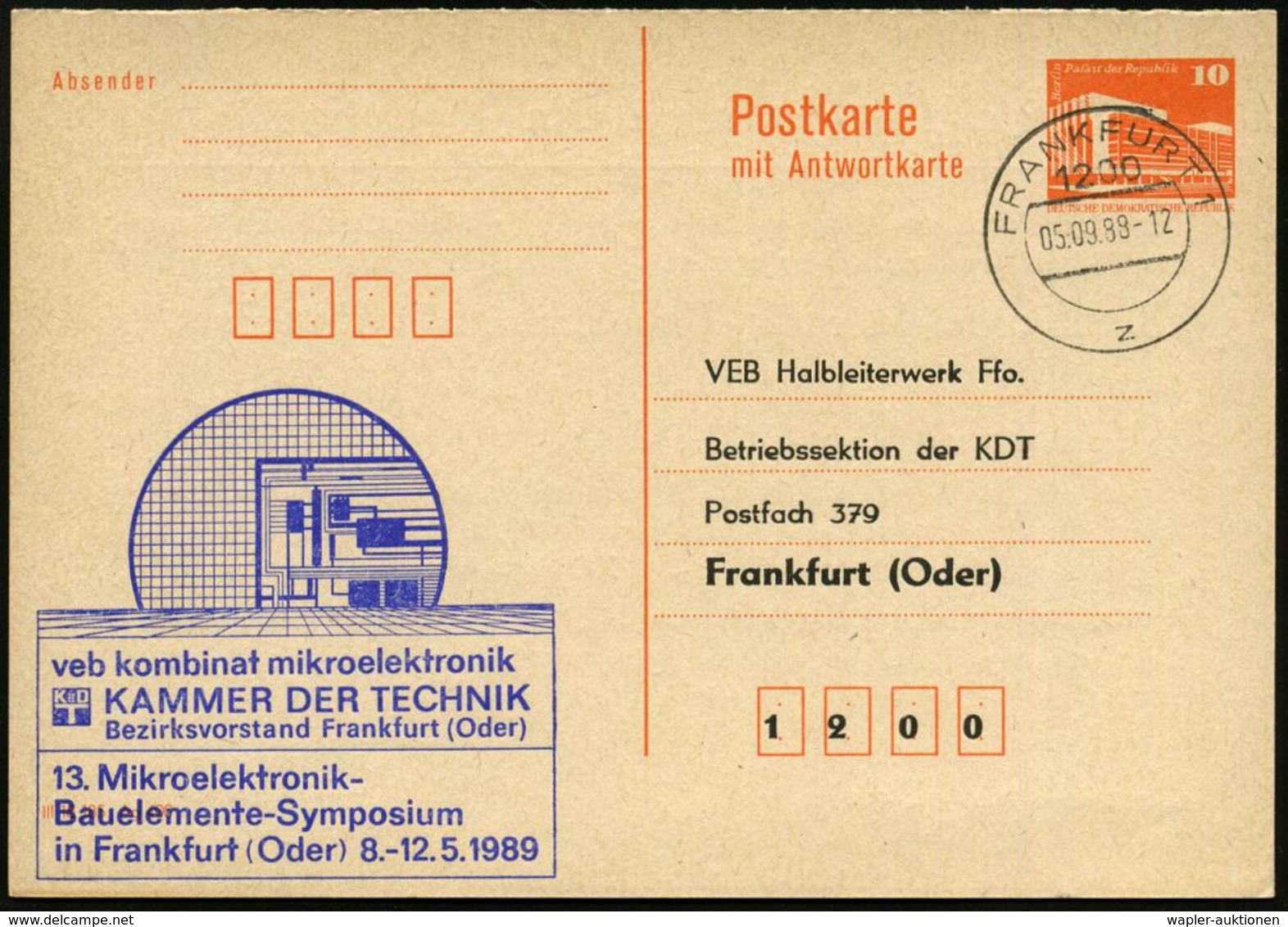 RECHENMASCHINE / EDV / COMPUTER : 1200 FRANKFURT 1/ Z 1988 (5.9.) 1K Auf Amtl. P 10 Pf.+ 10 Pf. PdR, Orange: Veb Kombina - Informatik