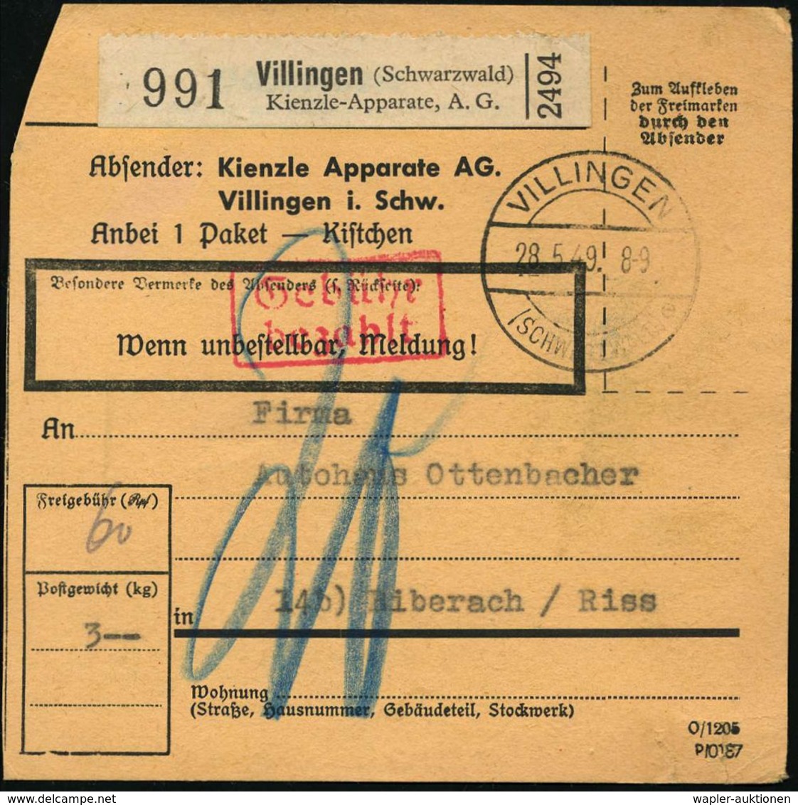 RECHENMASCHINE / EDV / COMPUTER : Villingen (Schwarzwald)/ Kienzle-Apparate,A.G. 1949 (28.5.) Selbstbucher-Paketzettel + - Informatique