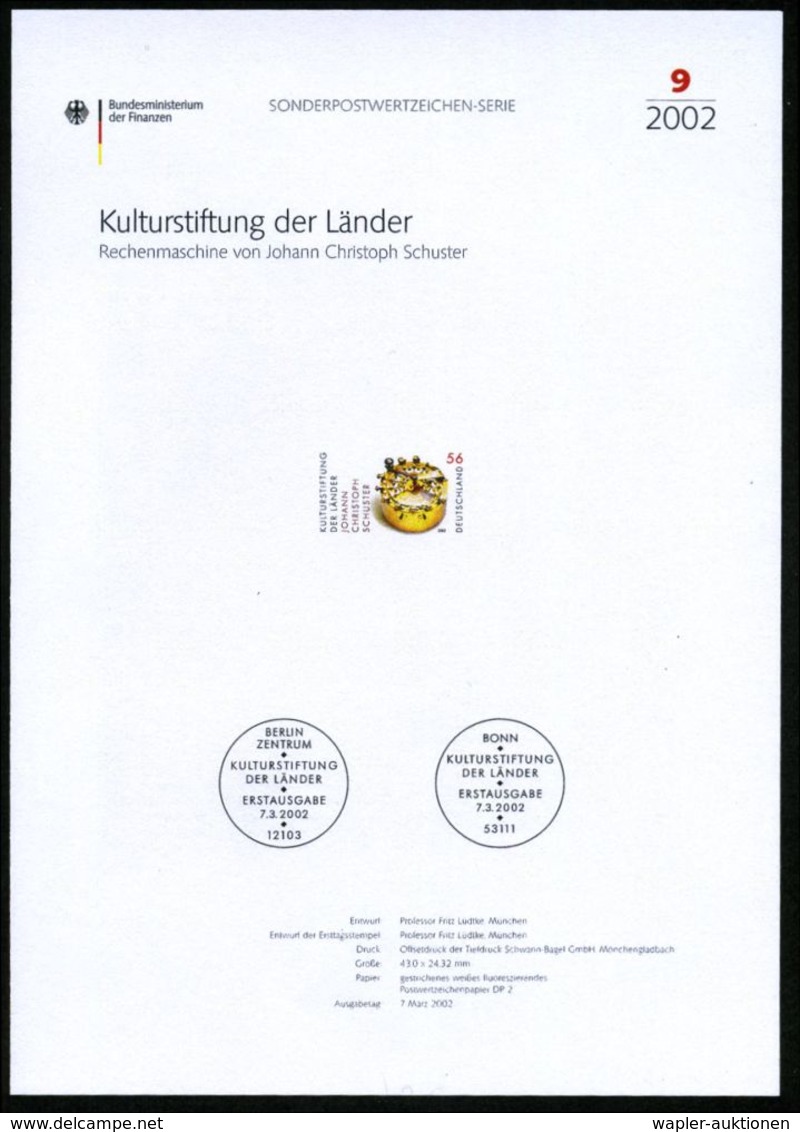 RECHENMASCHINE / EDV / COMPUTER : B.R.D. 2002 (März) 56 C. "Rechenmaschine Von Johann Christoph Schuster" (ca. 1820) Mit - Computers