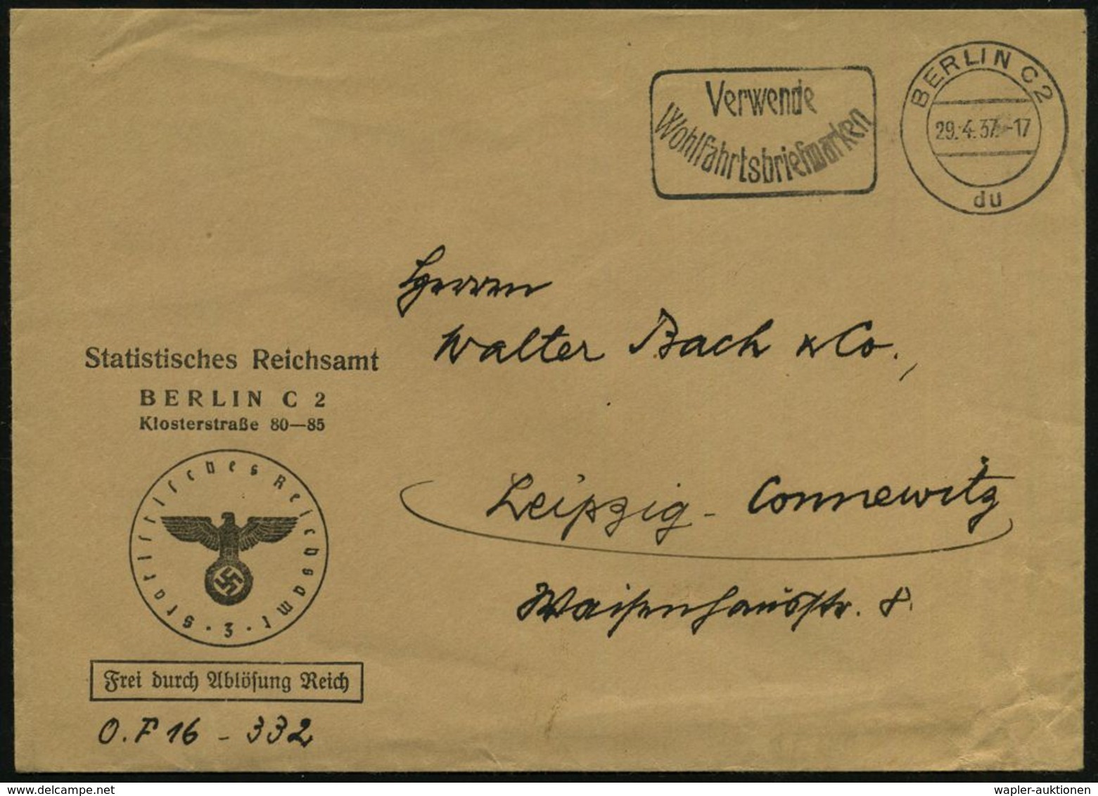 STATISTIK / VOLKSZÄHLUNG : Berlin C2 1937 (Apr.) Dienst-Bf.: Statistisches Reichsamt BERLIN C 2/ Klosterstr.80-85/FdAR ( - Non Classés