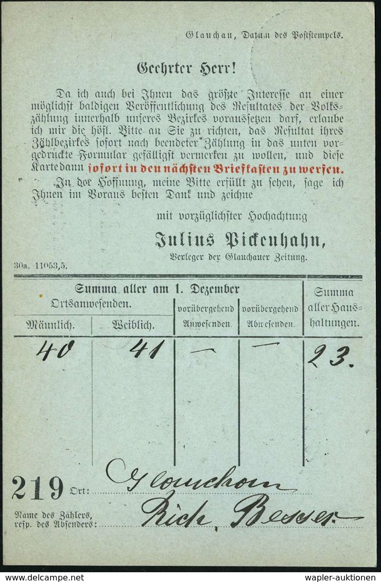 STATISTIK / VOLKSZÄHLUNG : GLAUCHAU/ *1i 1905 (2.12.) 1K-Gitter Auf Amtl. Orts-P 2 Pf. Germania , Vs./rs. Zudruck: J. Pi - Non Classés