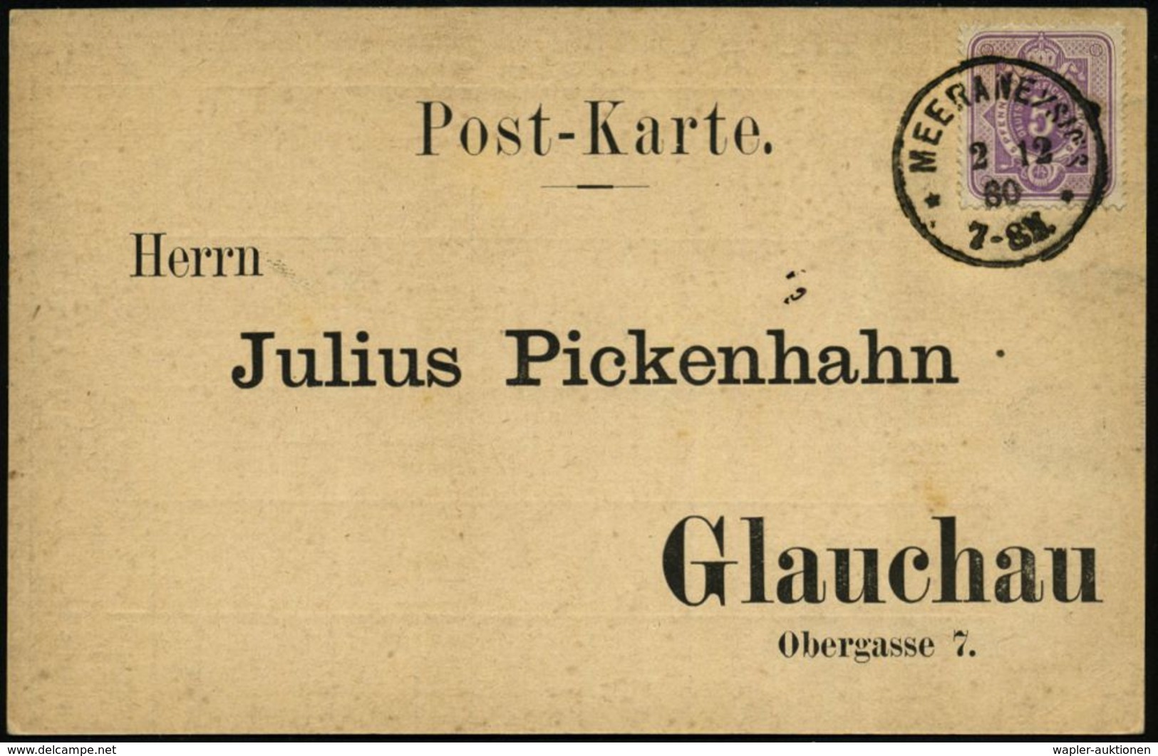 STATISTIK / VOLKSZÄHLUNG : MEERANE 7-SACHS/ ** 1880 (2.12.) 1K Auf Antwort-Vordr.Kt.: Julius Pickenhahn.. Haushaltzählun - Non Classificati