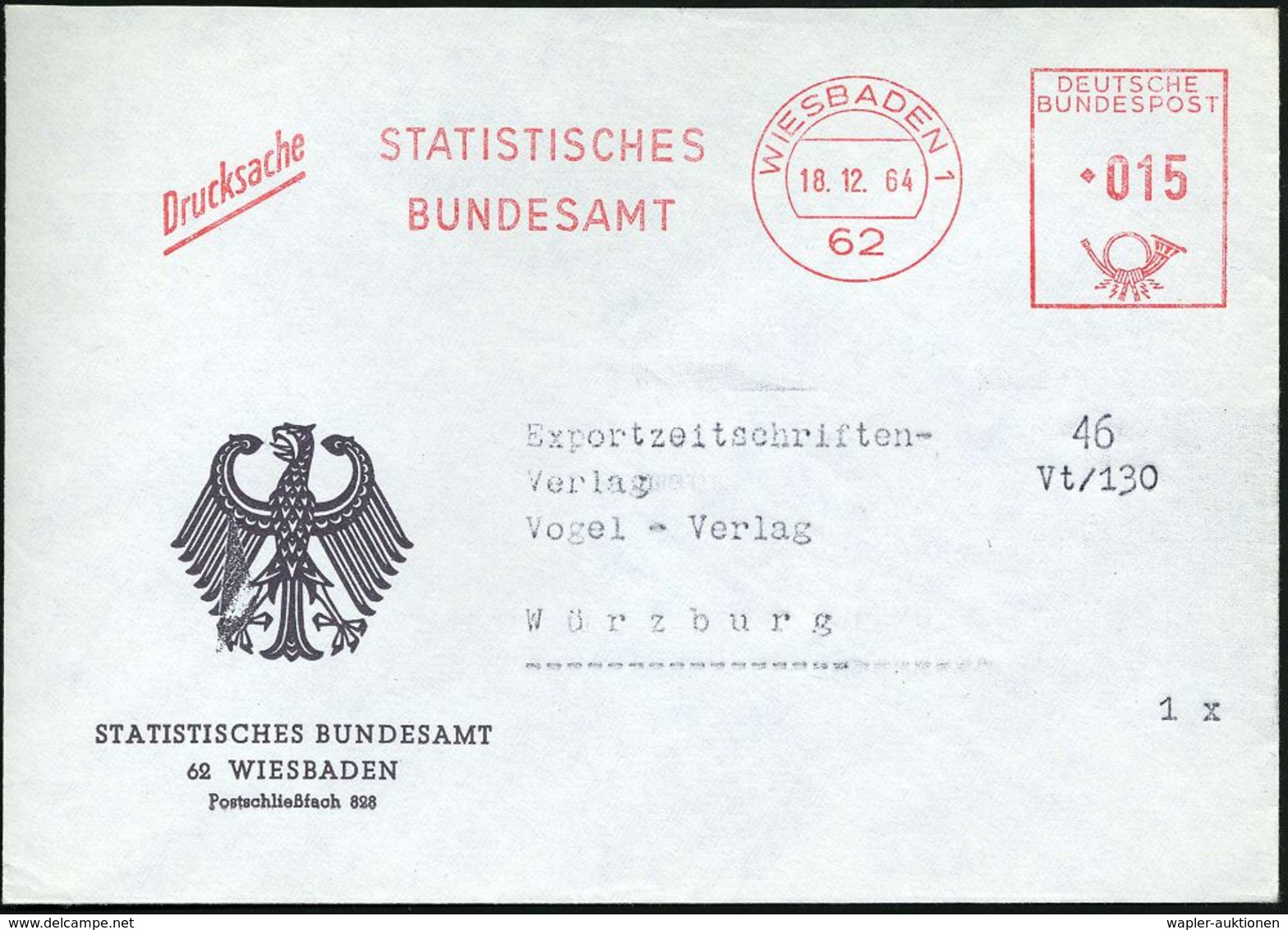 STATISTIK / VOLKSZÄHLUNG : 62 WIESBADEN 1/ STATISTISCHES/ BUNDESAMT 1964 (18.12.) AFS ,dekorat. Dienstbf.! (rs.Klappe Fe - Non Classés