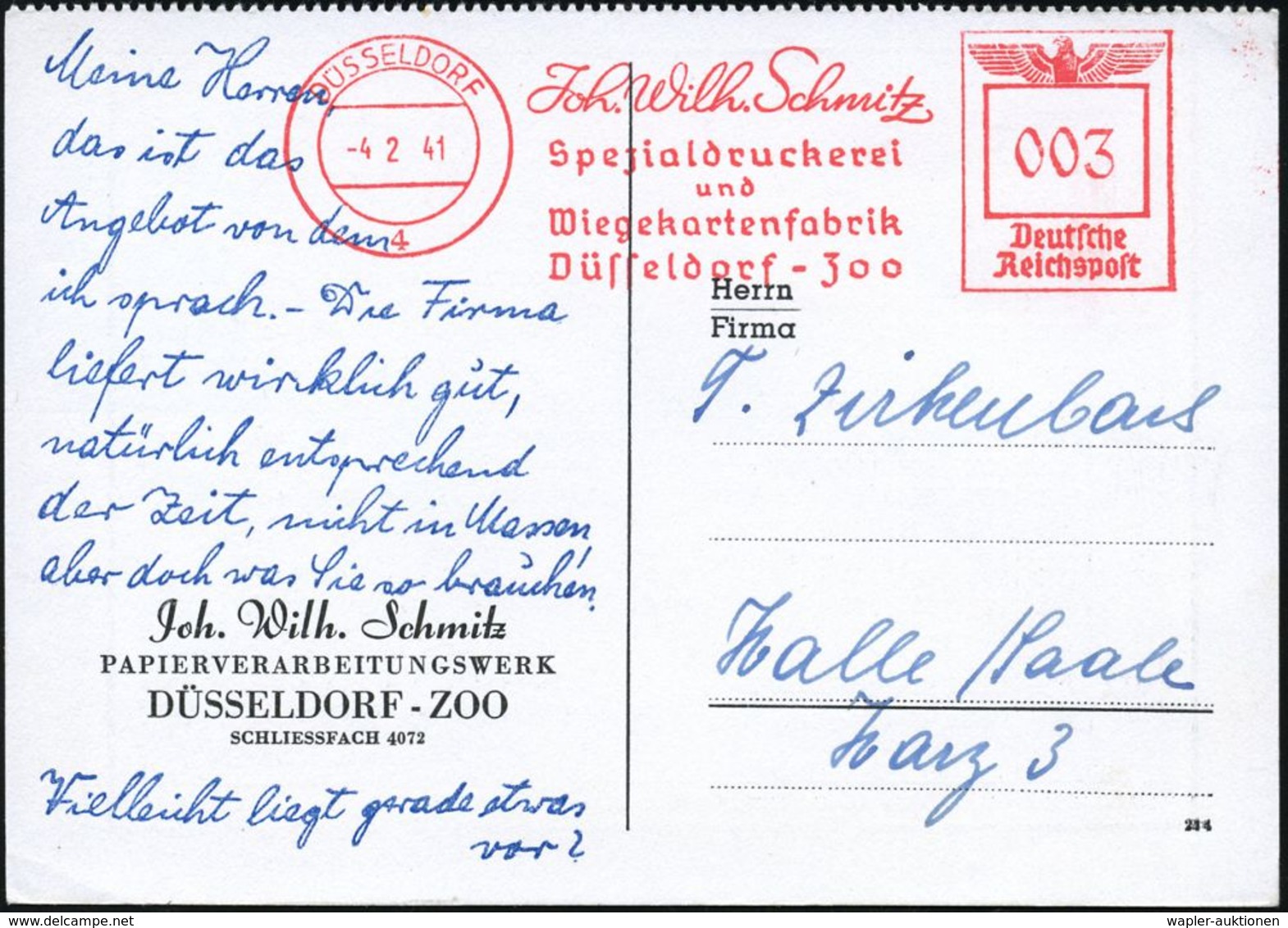 WIEGEN & MESSEN / WAAGE / METER : DÜSSELDORF/ 4/ Joh.Wilh.Schmitz/ Spezialdruckerei/ U./ Wiegekartenfabrik.. 1941 (4.2.) - Ohne Zuordnung