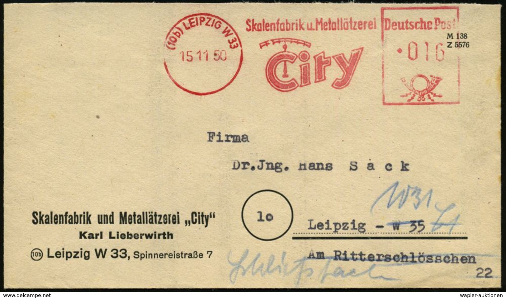 WIEGEN & MESSEN / WAAGE / METER : (10b) LEIPZIG W33/ Skalenfabrik U.Metallätzerei/ City 1950 (15.11.) AFS = Meßskala , F - Unclassified