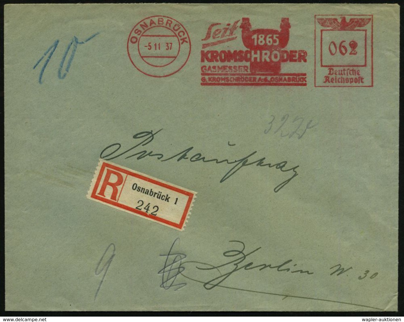 WIEGEN & MESSEN / WAAGE / METER : OSNABRÜCK/ ..GASMESSER/ G.KROMSCHRÖDER AG 1937 (5.11.) AFS 062 Pf. = Gaszähler + RZ: O - Non Classés