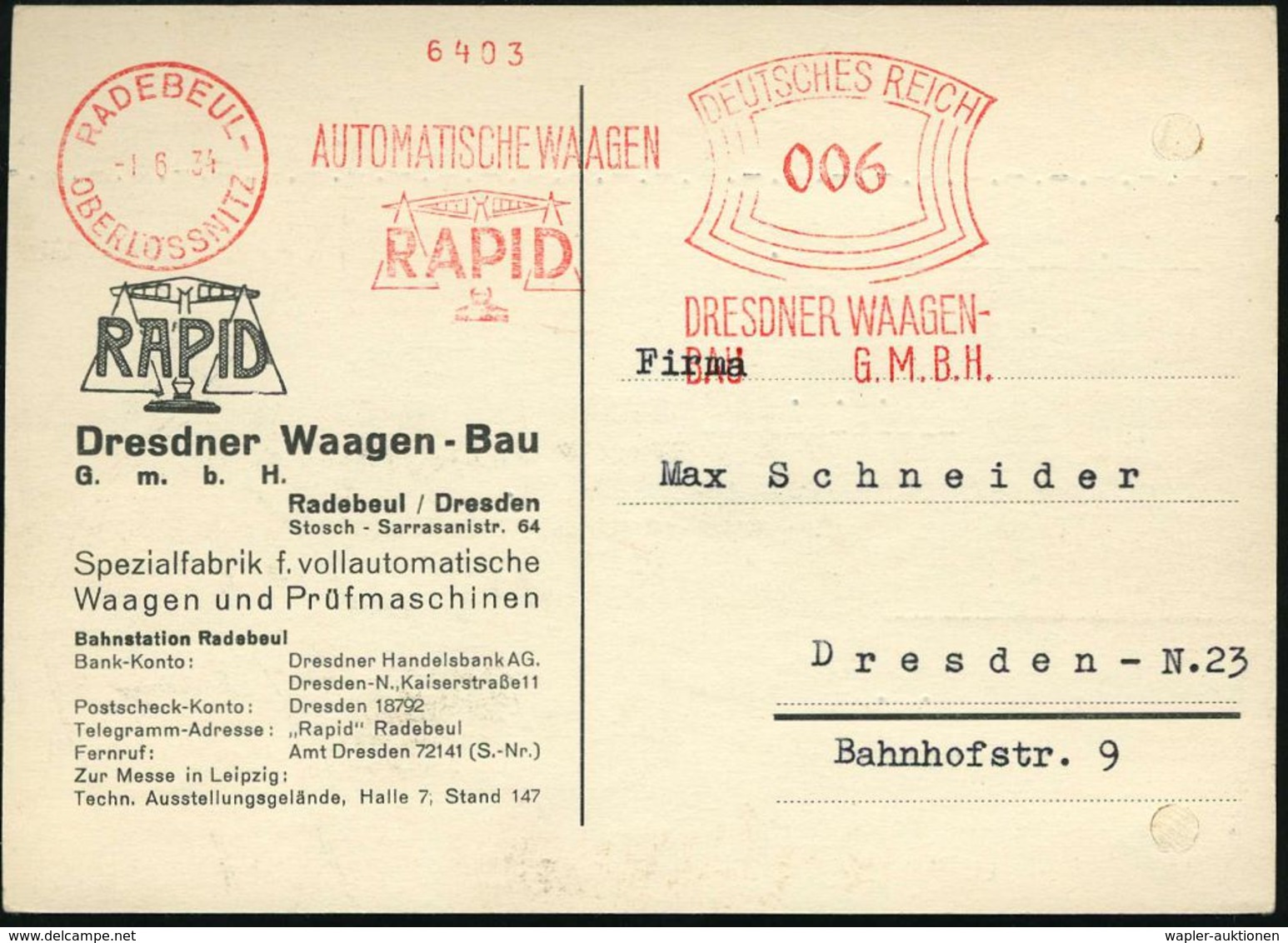 WIEGEN & MESSEN / WAAGE / METER : RADEBEUL-/ OBERLÖSSNITZ/ AUTOMATISCHE WAAGEN/ RAPID.. 1934 (1.6.) AFS = Waage , Motivg - Non Classés