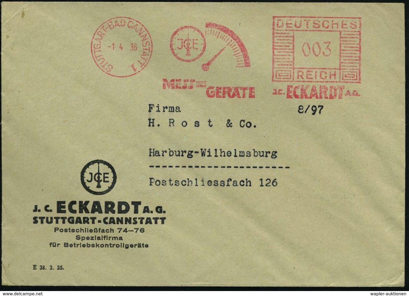 WIEGEN & MESSEN / WAAGE / METER : STUTTGART-BAD CANNSTATT 1/ J.C.E./ MESS=/ GERÄTE/ J.C.ECKARDT AG 1936 (1.4.) AFS = 2 M - Unclassified