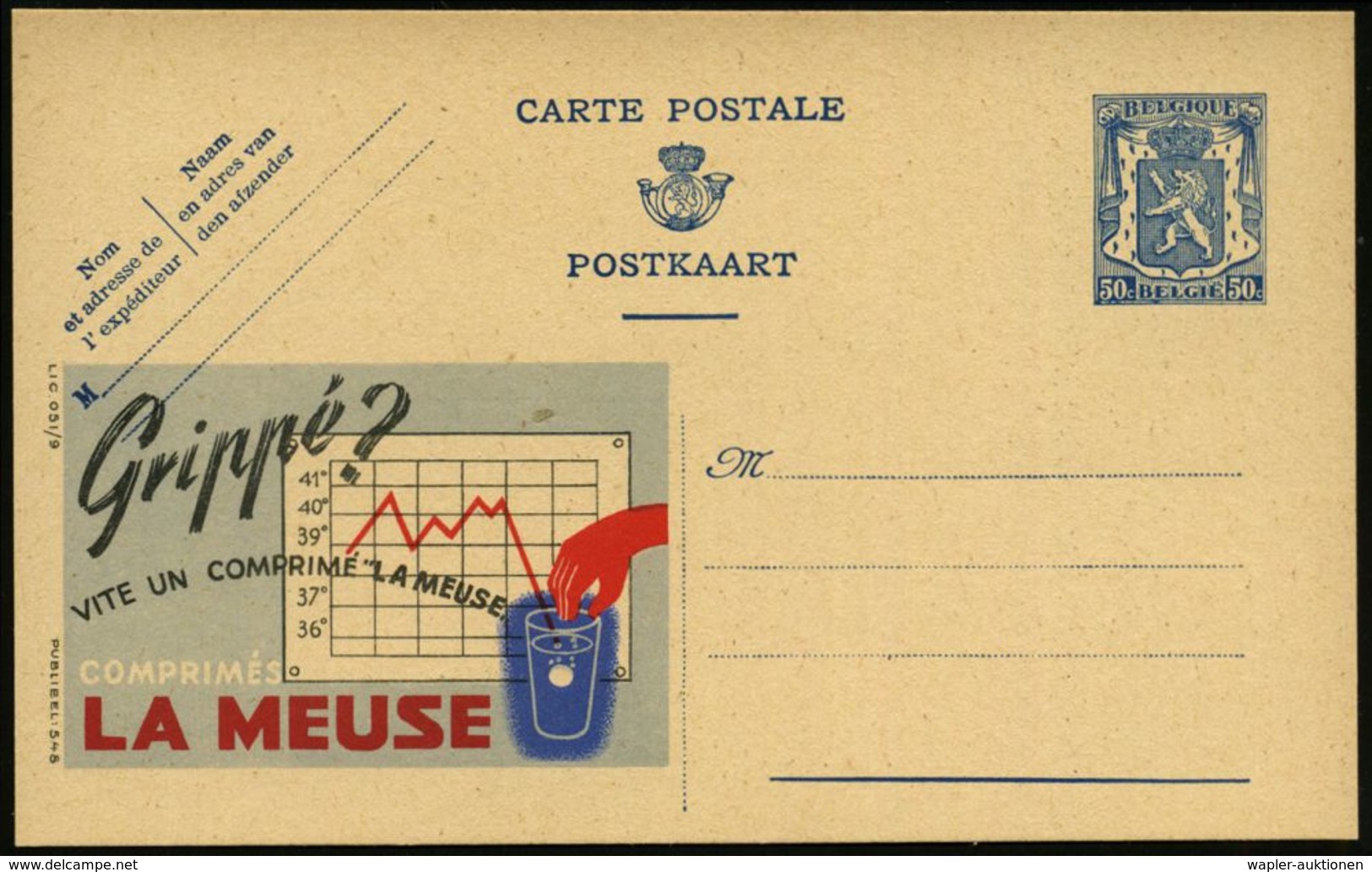 WIEGEN & MESSEN / WAAGE / METER : BELGIEN 1941 50 C. Reklame-P. Wappenlöwe, Blau: Grippé ?..LA MEUSE = Fieber - M E S S  - Non Classés