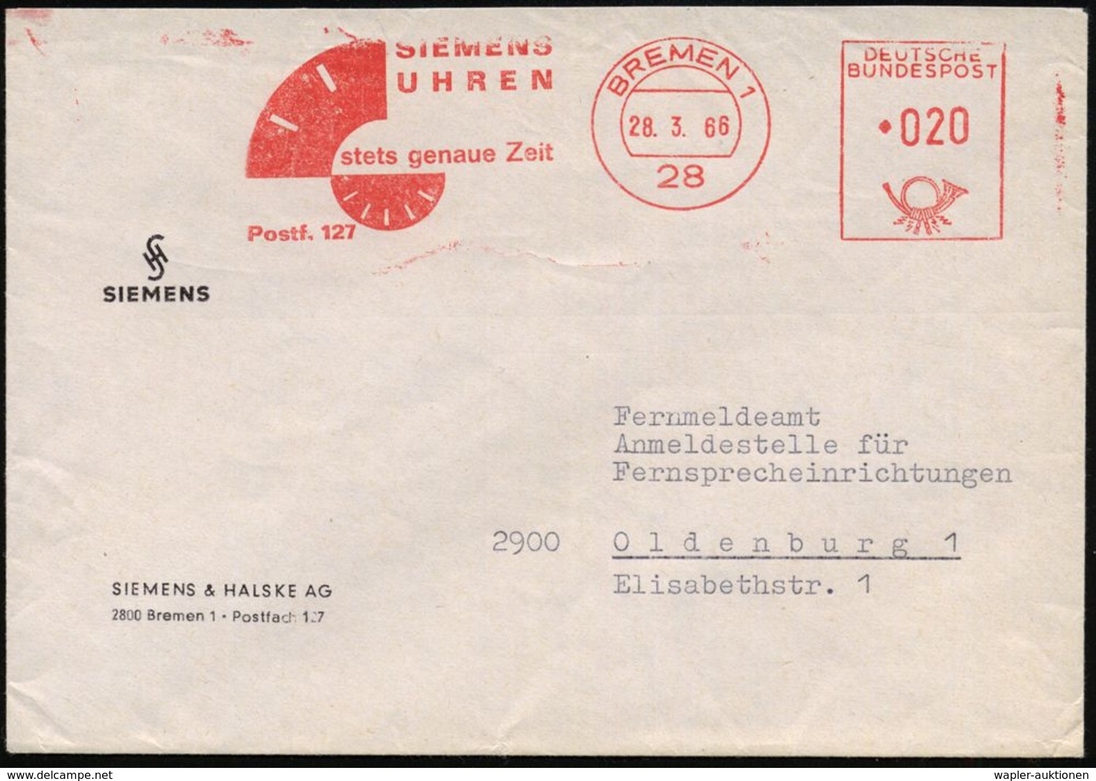 UHR / ZEITMESSUNG : 28 BREMEN 1/ SIEMENS/ UHREN/ Stets Genaue Zeit 1966 (28.3.) Dekorativer AFS = 2 Teil-Zifferblätter , - Horlogerie