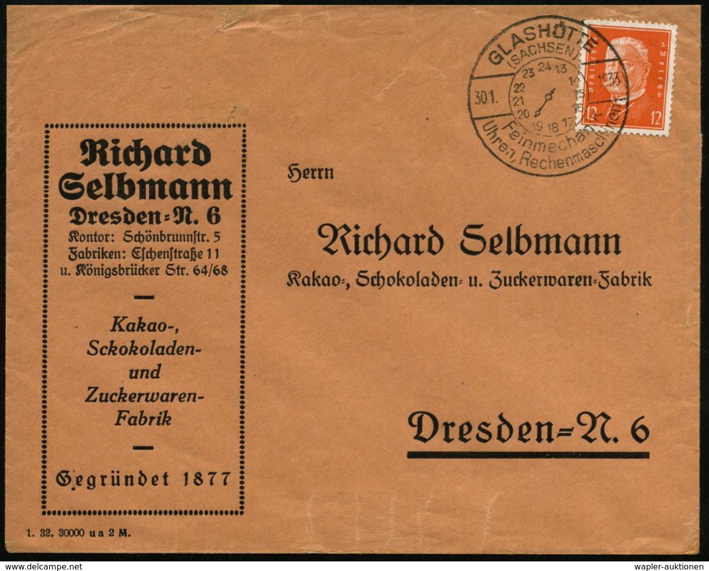 UHR / ZEITMESSUNG : GLASHÜTTE/ (SACHSEN)/ Feinmechanik/ Uhren,Rechenmaschinen 1933 (30.1.) HWSt Mit Zifferblatt (13-24 U - Orologeria