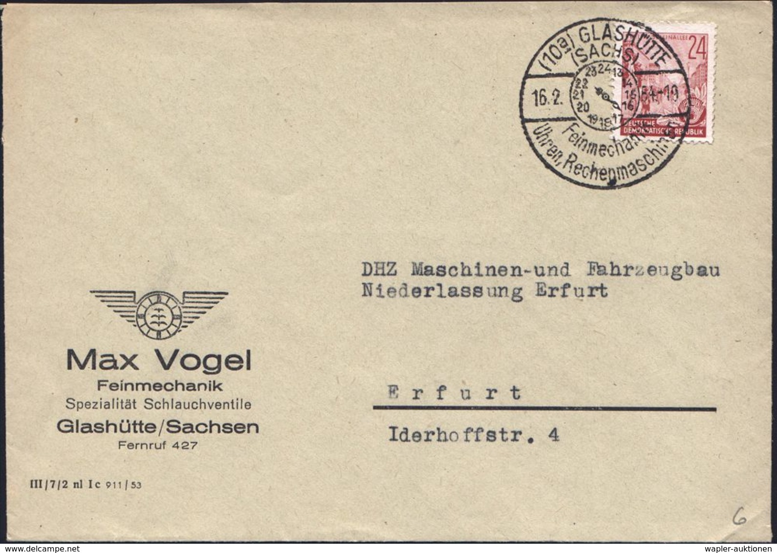 UHR / ZEITMESSUNG : (10a) GLASHÜTTE/ (SACHS)/ Feinmechanik,/ Uhren,Rechenmaschinen 1954 (16.2.) HWSt (Zifferblatt 13-24) - Horlogerie