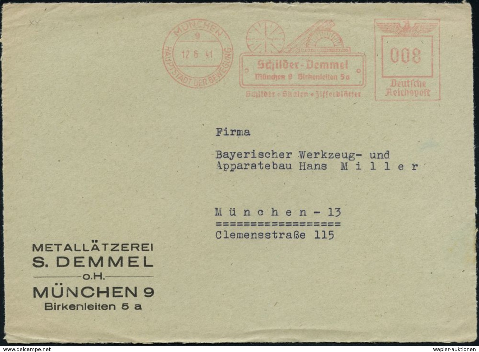 UHR / ZEITMESSUNG : MÜNCHEN/ 9/ HDB/ Schilder-Demmel/ ..Skalen-Zifferblätter 1941 (12.6.) Dekorativer AFS = Zifferblatt  - Horlogerie