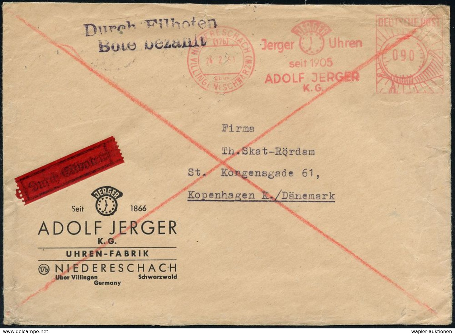 UHR / ZEITMESSUNG : (17b) NIEDERESCHACH/ über/ VILLINGEN-SCHWENNINGEN/ Jerger-Uhren/ Seit 1866/ ADOLF JERGER/ K.G. 1951  - Horlogerie