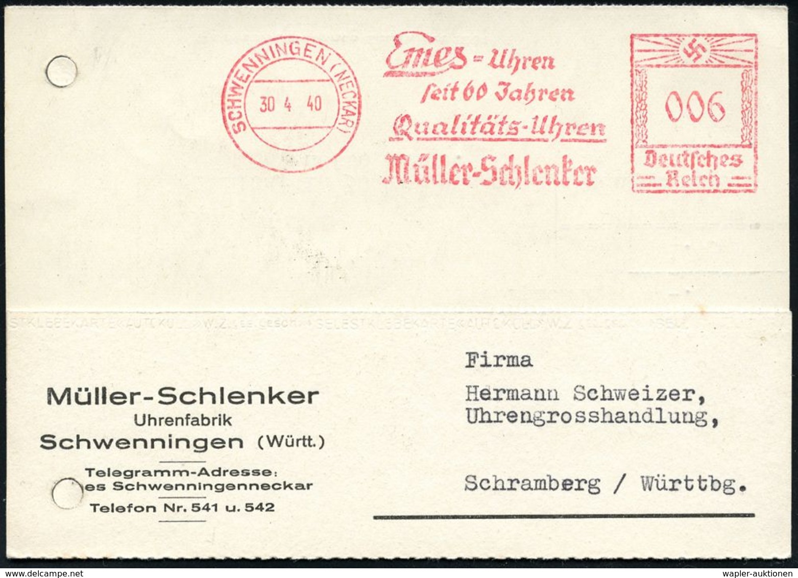 UHR / ZEITMESSUNG : SCHWENNINGEN (NECKAR)/ Emes-Uhren/ Seit 60 Jahren/ ..Müller-Schlenker 1940 (30.4.) Jubil.-AFS , Klar - Uhrmacherei