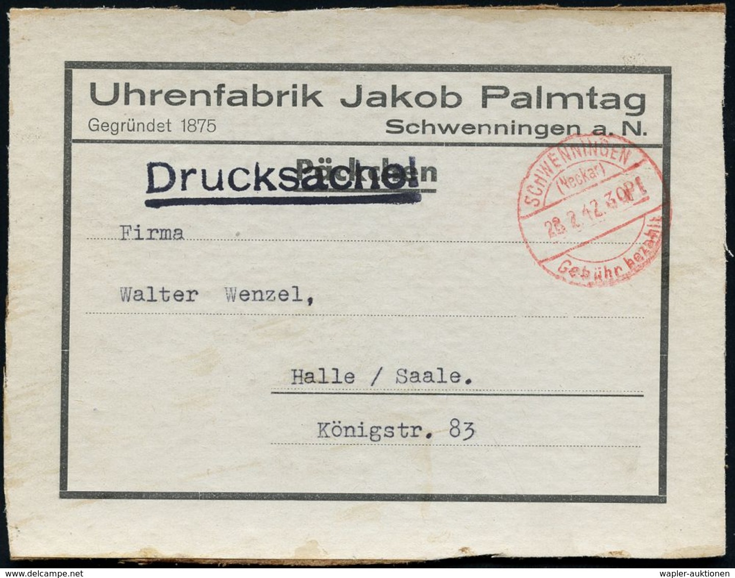 UHR / ZEITMESSUNG : SCHWENNINGEN/ (NECKAR)/ 30 Pf./ Gebühr Bezahlt 1942 (28.2.) 1K-Brücken-PFS 30 Pf. Auf Adreß-Aufklebe - Horlogerie