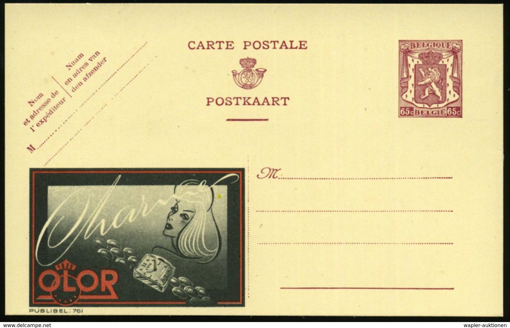 UHR / ZEITMESSUNG : BELGIEN 1946 65 C. Reklame-P. Wappenlöwe, Braunlila: Charme/OLOR = Armbanduhr (Frauenkopf, Uhr-Logo  - Clocks