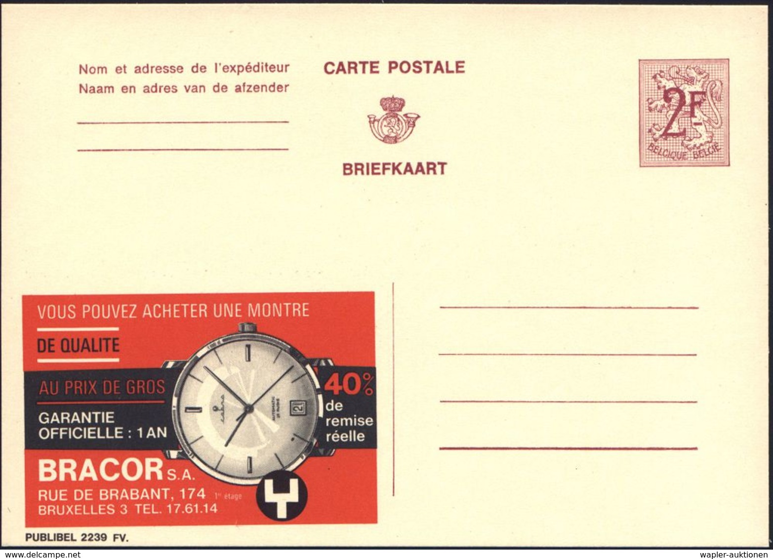 UHR / ZEITMESSUNG : BELGIEN 1967 2 F. Reklame-P. Wappenlöwe, Weinrot: ..MONTRE/DE QUALITE/..BRACOR S.A. = Armbanduhr (u. - Orologeria