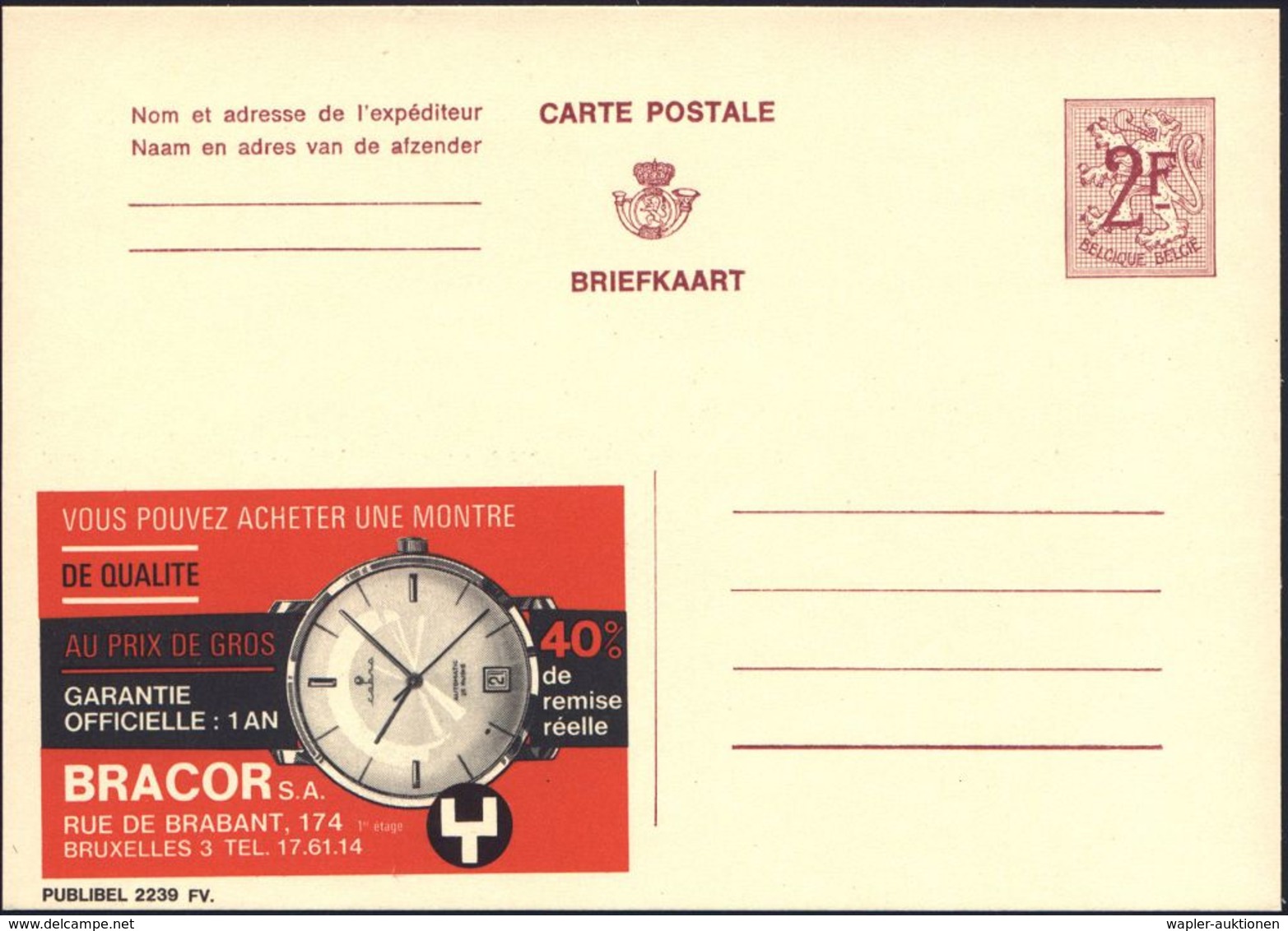 UHR / ZEITMESSUNG : BELGIEN 1967 2 F. Reklame-P. Wappenlöwe, Weinrot: ..MONTRE/DE QUALITE/..BRACOR S.A. = Armbanduhr (u. - Horlogerie