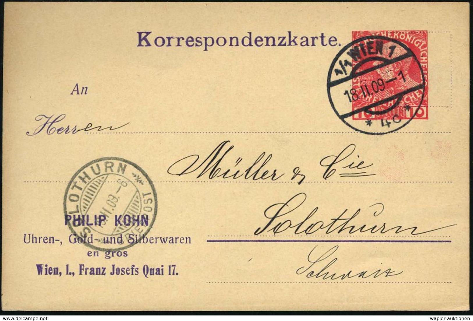 UHR / ZEITMESSUNG : ÖSTERREICH 1909 (18.2.) PP 10 H. KFJ-Jubil., Karmin: PHILIP KOHN,  Uhren-, Gold- U. Silberwaren..Wie - Horlogerie