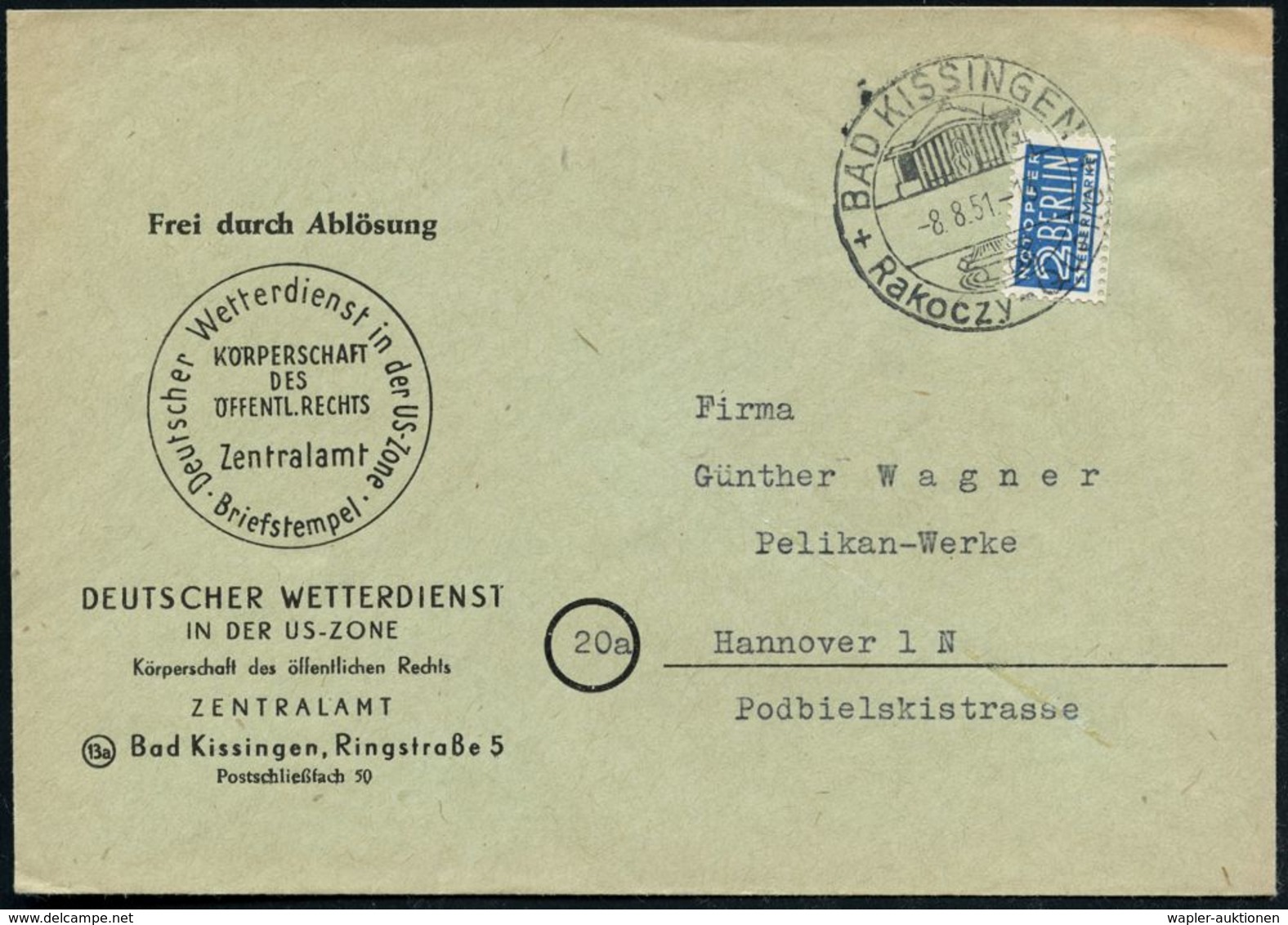 METEOROLOGIE / KLIMA / WETTER : BAD KISSINGEN/ Rakoczy-Quelle 1951 (8.8.) HWSt Auf EF 2 Pf. NoB Auf Dienst-Bf.: Frei Dur - Klima & Meteorologie