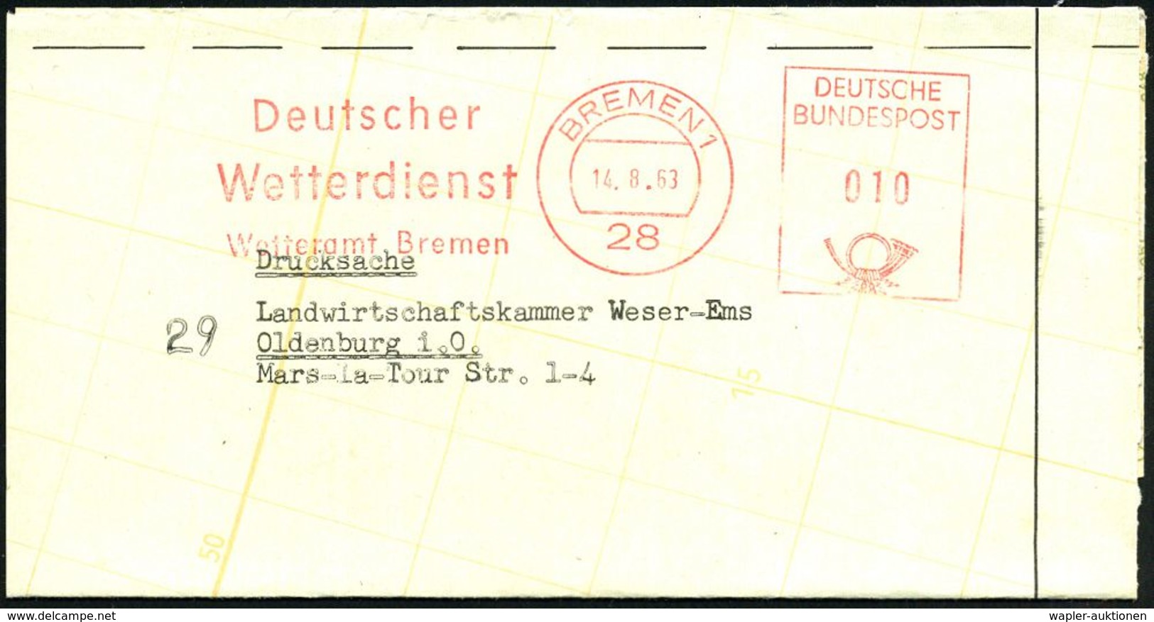 METEOROLOGIE / KLIMA / WETTER : 28 BREMEN 1/ Deutscher/ Wetterdienst/ Wetteramt Bremen 1963 (14.8.) AFS + Viol. Abs.-4L: - Climate & Meteorology