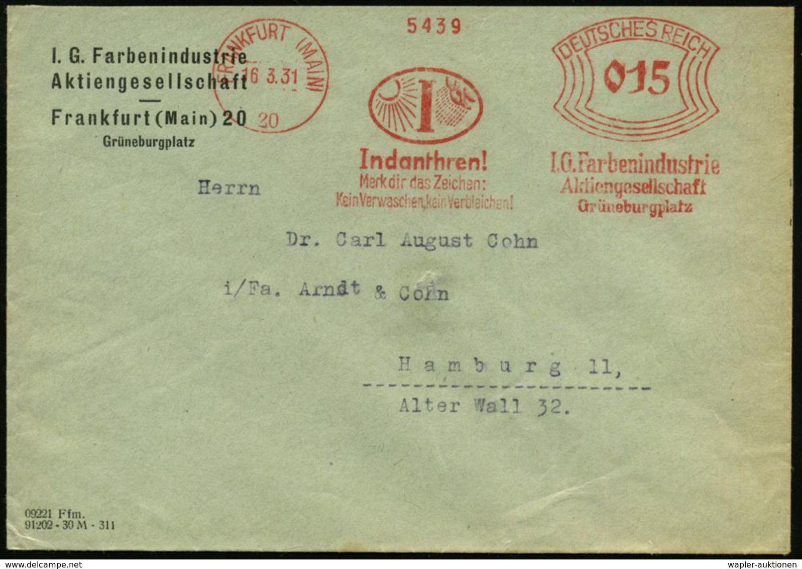 METEOROLOGIE / KLIMA / WETTER : FRANKFURT (MAIN)/ 20/ Indanthren!/ Merk Dir Das Zeichen../ I.G.Farben.. 1931 (16.3.) AFS - Climat & Météorologie