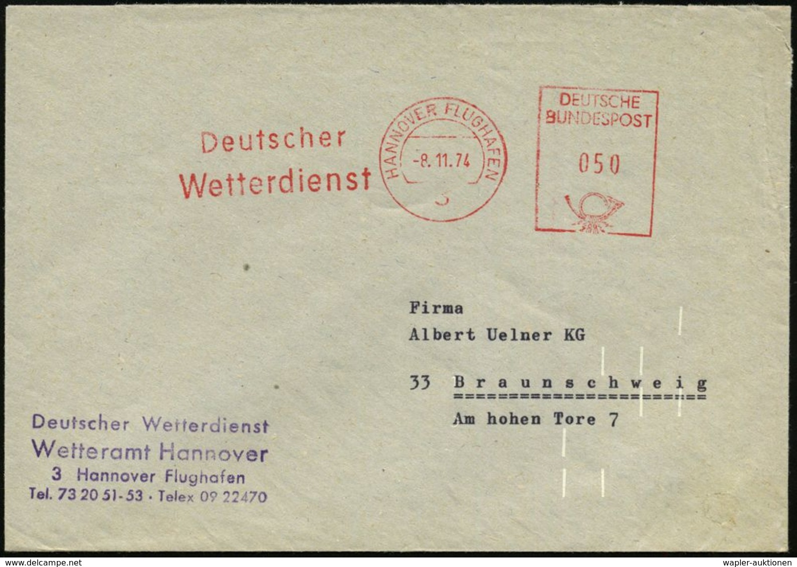 METEOROLOGIE / KLIMA / WETTER : 3 HANNOVER FLUGHAFEN/ Deutscher/ Wetterdienst 1974 (8.11.) AFS = Hauspostamt + Viol. Abs - Climat & Météorologie