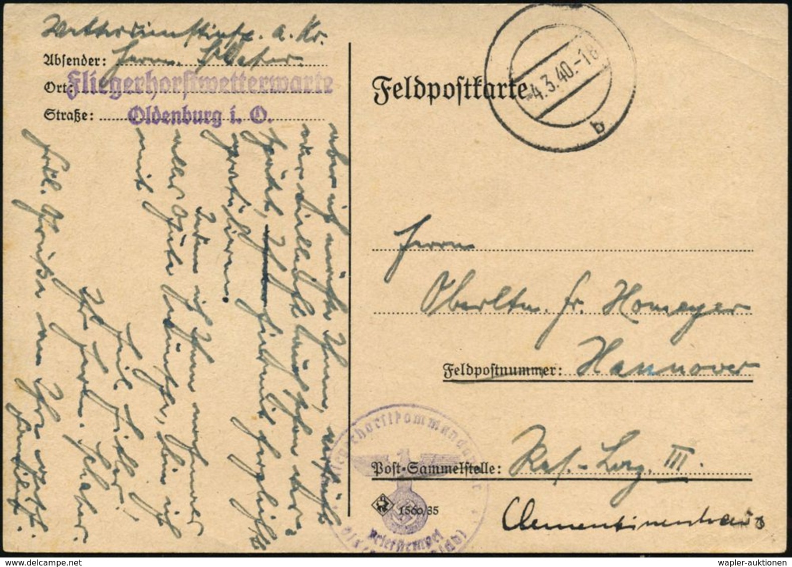METEOROLOGIE / KLIMA / WETTER : Oldenburg/ Oldbg. 1940 (4.3.) Stummer 2K-Steg = Tanstempel + Viol. Abs.-2L: Fliegerhorst - Climat & Météorologie