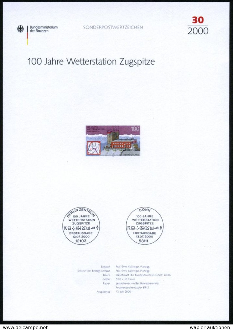 METEOROLOGIE / KLIMA / WETTER : B.R.D. 2000 (Juli) 100 Pf. "100 Jahre Wetterstation Zugspitze" Mit Amtl. Handstempel  "M - Clima & Meteorologia