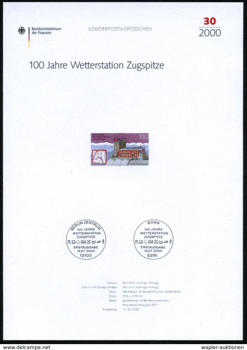 METEOROLOGIE / KLIMA / WETTER : B.R.D. 2000 (Juli) 100 Pf. "100 Jahre Wetterstation Zugspitze" Mit Amtl. Handstempel  "M - Climat & Météorologie